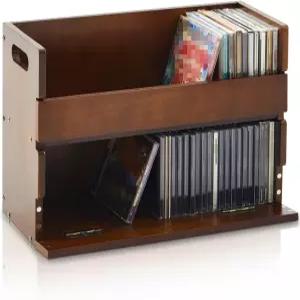 크로블리스풀 2단 나무 CD 보관 홀더 스탠드 디스플레이 선반 휴대용 손잡이 포함 카세트 테이프 정리 DVD