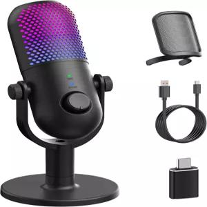 PC 게임용 USB 마이크 스탠드 있는 게이머용 콘덴서 RGB - 컴퓨터 및 노트북용 녹음 Qiuck Mute 팟캐스트