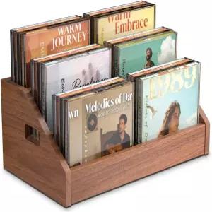 QILICHZ CD 홀더 3단 보관 랙 우드 DVD 디스플레이 스탠드 손잡이가 있는 정리함 카세트 테이프 홈 오피스