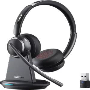 업무용 마이크가 있는 Waxop 무선 헤드셋 PC용 Bluetooth 6.0 65H AI 노이즈 캔슬링 60피트 범위 USB 동글