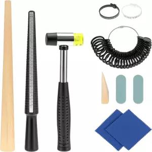 QWORK 링 사이즈 측정 도구 키트 알루미늄 맨드릴 및 27 PCS 스테인리스 스틸 재사용 가능한 벨트 7 정밀한