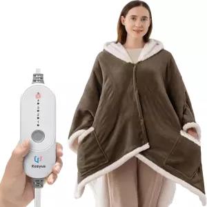 코지우스 웨어러블 온열 담요 여성 및 남성용 후드 포켓이 포함된 숄 전기 랩 폰초 5가지 설정 3H 자동