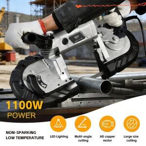 1100W LED 조명 장착 밴드쏘 기계 0-45도 ° 앵글 메탈 목재 톱 220V 가정용 작업장 금속 베벨 절단 도구