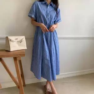 TE 카라 데일리 휴양지 롱원피스 바캉스 밴딩 면100 캐주얼 스트라이프 반팔 여름
