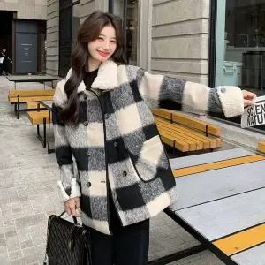 여자 검정 화이트 울 모직코트 체크 코트 패딩 안감 도톰 미디움 원픽1