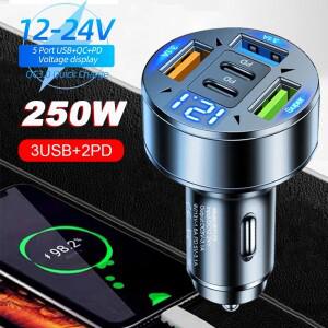 250W 5포트 차량용 충전기 PD QC3.0 USB C 휴대폰 어댑터 시거잭  디지털 전압 표시