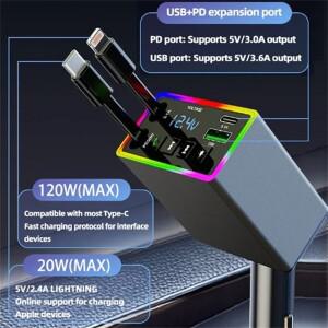 블루투스 5.3 차량용 핸즈프리 FM 트랜스미터 120W 4in1 리트랙터블 폰 충전기 RGB 라이트 U-디스크 AUX M