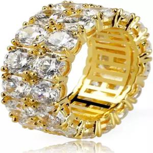TOPGRILLZ 남성용 2열 큐빅 지르코니아 밴드 링 14K 골드 도금 황동 9mm 와이드 스 아웃 이터널 사이즈