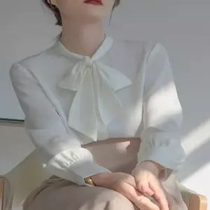 여자 봄 가을 리본 스카프 새틴 블라우스 긴팔 오피스 블라우스