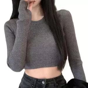 데일리 슬림 크롭 골지 니트티 여자 패션 긴팔 티셔츠