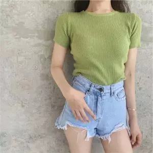 골지 여성 크롭 반팔티셔츠 골지 라운드