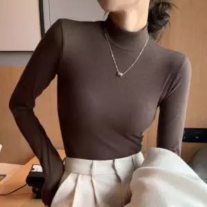 예쁜 넥 라인 반폴라 골지 디자인 베이직 긴팔 티셔츠 얇은니트티