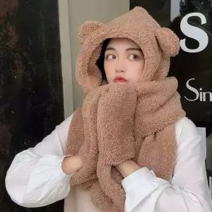 WL 양털 뽀글이 곰돌이 방한 모자 귀여운 목도리 목돌이 손넣는 후드 머플러