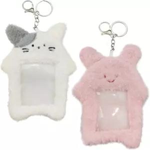 2PCS 화이트 포토카드 홀더 카툰 플러시 야외 소녀 식 신분증 커버 보호 케이스 슬리브 학생용 토끼 식별