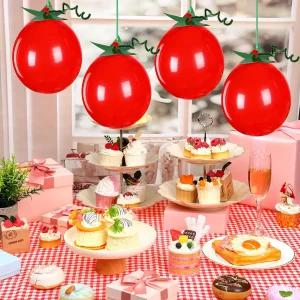 게조이 00 키트 DIY 토마토 풍선 피자 파티 장식 0인치 모양 트위스트 그린 리본 잎 카드스탁 파스타 테마