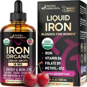 여성용 액상 철분 보충제 18mg - USDA 드롭 미국산 엽산 비타민 B12 및 B6 포함 수치 에너지 순하고