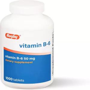 럭비 비타민 B6 50mg 정제 텐 프리 식이 보충제 방부제 또는 첨가물 없음 - 1000 카운트(1팩)