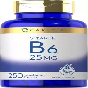칼라일 비타민 B6 25mg 250정 여성 및 남성용 보충제 피리독신 염산염 채식주의자 비변형식품 텐 프리
