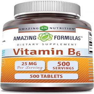 놀라운 포뮬러 비타민 B6 (피리독신) 25mg 보충제 정제 비-GMO 텐 프리 미국산 (1팩 500개)