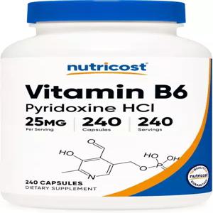 뉴트리코스트 비타민 B6 (피리독신 HCl) 25mg 240캡슐 - 비-GMO 텐 프리 및 채식 친화적