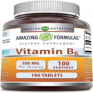 놀라운 포뮬러 비타민 B6 (피리독신 HCI) 보충제 100mg 정제 비-GMO 텐 프리 미국산 (1팩 100개)