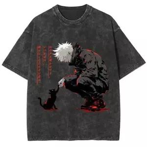 고죠피규어 사토루 주술회전 애니메이션 Jujutsu Kaisen 빈티지 워시 티셔츠 Gojo Satoru 셔츠 남성 여성