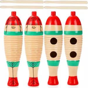 요페이 4팩 기로 악기 물고기 모양 라틴 타악기 리듬 스틱이 있는 화려한 나무 교육용 조기 학습