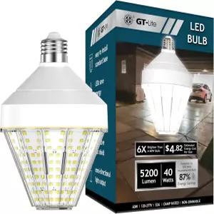 GT-Lite 5200 루멘 LED 콘 코브 전구 40와트 300와트 등가 일광 5000K 조명 색상 E26 베이스 차고 실내
