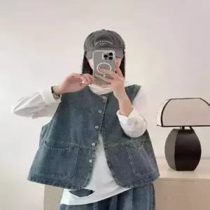 마요 데님 빈티지 탑 포켓 라운드 여성조끼 조끼 싱글 슬리브리스 UNO1