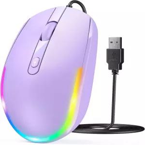 Seenda 유선 마우스 - 노트북용 USB 광학 LED 크롬북 RGB Purple 부착된 컴퓨터 백라이트 코드가