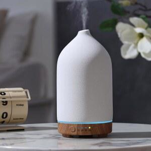구암 200ML 세라믹 에센셜 오일 디퓨저 - 초음파 및 7색 LED 조명 자동 차단 우드 그레인 베이스 1시간 / 3시간 6시간 타이머 가정용 사무실 요가용
