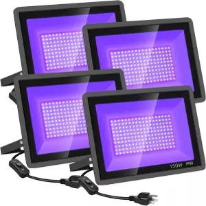YANYCN 4팩 150W LED 블랙 라이트 플러그 앤 스위치가 있는 플러드 아웃도어 댄스 파티용 IP66 방수 글로우