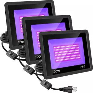 고프리티 3팩 100W LED 블랙 라이트 플러그가 달린 플러드 IP66 방수 네온 글로우 파티 할로윈 형광 포스터