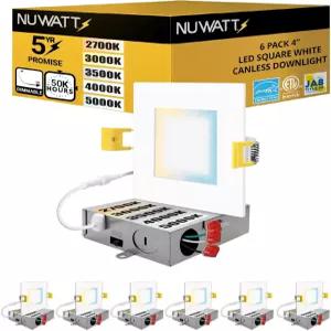 NUWATT 4인치 정사각형 웨이퍼 LED 오목 조명 2700K/3000K/3500K/4000K/5000K 5개의 CCT 선택 가능 630루멘
