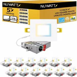 NUWAT 12팩 4인치 LED 사각형 오목 조명 5CCT 선택 가능 2700K/3000K/3500K/4000K/5000K 630루멘 디밍 IC