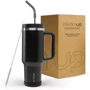 핸들이 있는 HIDROUP 40온스 여행용 텀블러 컵 양방향 슬라이더 뚜껑 실리콘 팁이 스테인리스 스틸 빨대