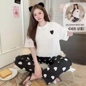 옥뚜브레 하계 반바지 커플잠옷세트 하트 반팔 라운드 세트 파자마 긴바지 3종 UNO2