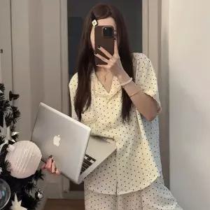 옥뚜브레 여름 투피스 커플잠옷세트 도트 파자마 트임 반팔 긴바지 작고 상큼한 UNO2