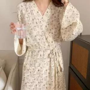 [반려] 여성 롱 로브 가운 귀여운 얇은 사계절 수면 잠옷 샤워가운