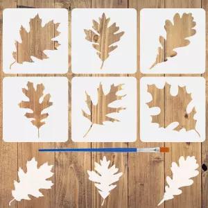 핑거인스파이어 6PCS 오크 잎 스텐실과 1Pc 브러시 5.9x5.9인치 6스타일 패턴 드로잉 식물 테마 템플릿을