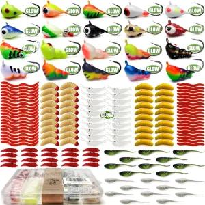 VMIXVM 160Pcs 텅스텐 얼음 낚시 지그 부드러운 플라스틱 벌레 미끼 키트 마이크로 글로우 겨울 헤드 후크