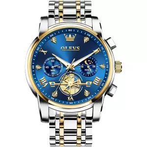 OLEVS 남성용 스테인리스 스틸 크로노그래프 손목 시계 아날로그 드레스 워치 Blue