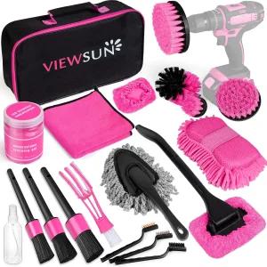 Viewsun 20PCS 자동차 청소 키트 드릴 브러시 세트가 포함된 핑크 인테리어 디테일링 앞유리 도구 와이어