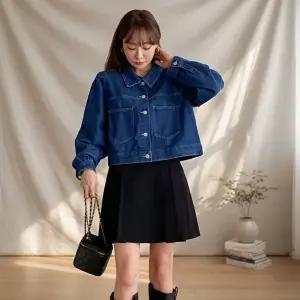 [옷자락]여성용 크롭카라 포켓 스티치 데님자켓 재킷 외투