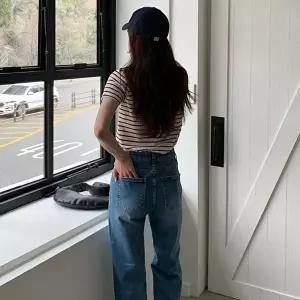[옷자락]여성 스판 일자핏 워싱 데님 바지 허리밴드 팬츠