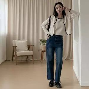 [옷자락]여성용 리본 자수 데님 와싱 일자핏 팬츠 바지