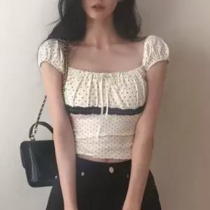 [옷자락]여자 데일리 스퀘어넥 도트 크롭 블라우스 셔츠 남방