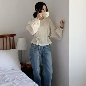 [옷자락]여성 라운드넥 사이드 스트링 블라우스 반지 셔츠