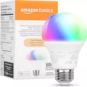 아마존 베이직 스마트 A19 LED 전구 색상 변경 9W(60W 등가) 800LM 알렉사 전용 2.4GHz Wi-Fi 허브 필요