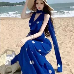 치마 스커트 여자 여름 로우 도트 홀터 빅 바캉스 백 넥 데일리 이브닝 드레스 프렌치 SPO마켓2